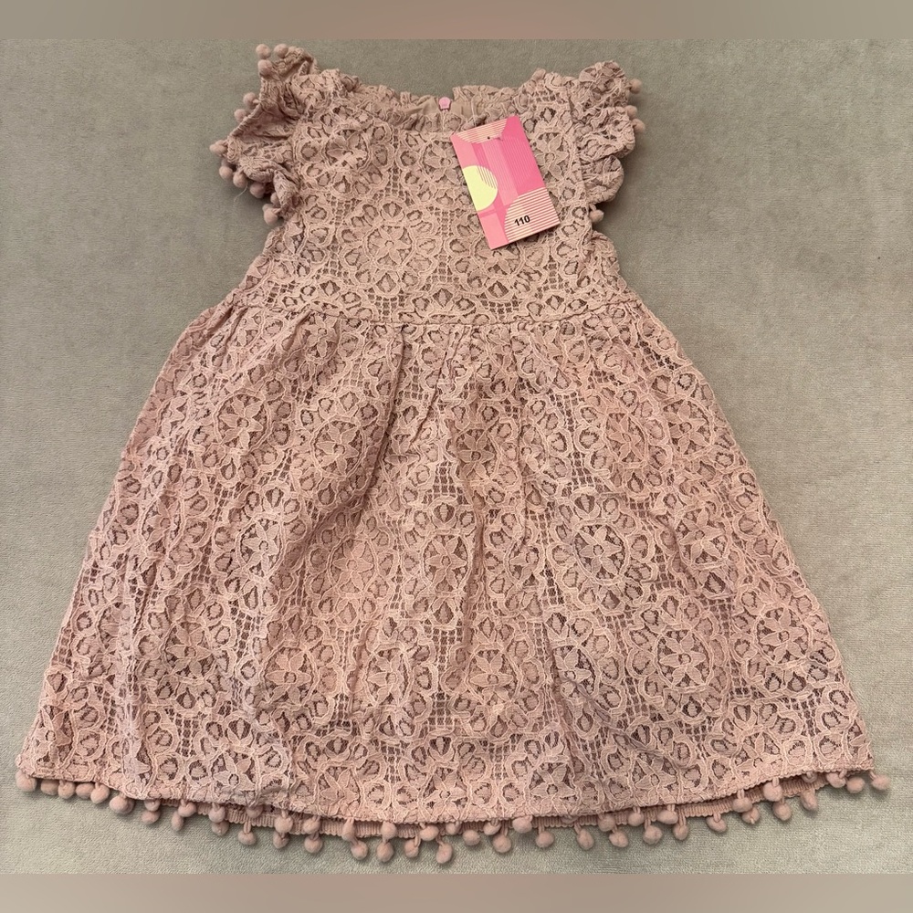 Girls Lace Dress 3T (110) Dusty Pink Pom Trim Knee Length NWT Special Occasion